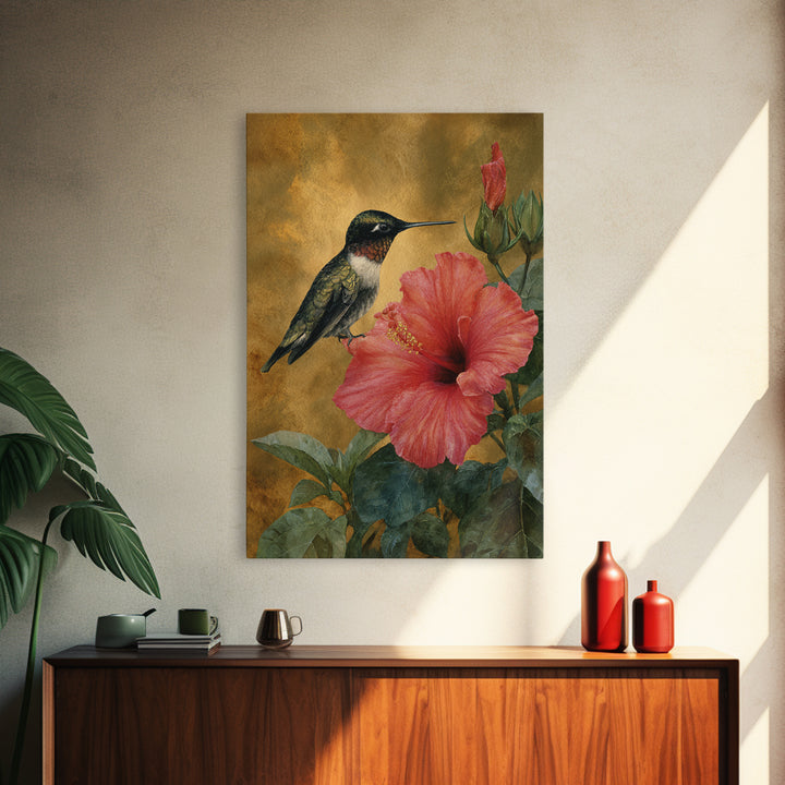 Hummingbird Hovering Beside Bright Hibiscus Canvas Print, Bird Art, Mid Century Wall Art, Living Room Decor, Flight, BIR-2x3-36