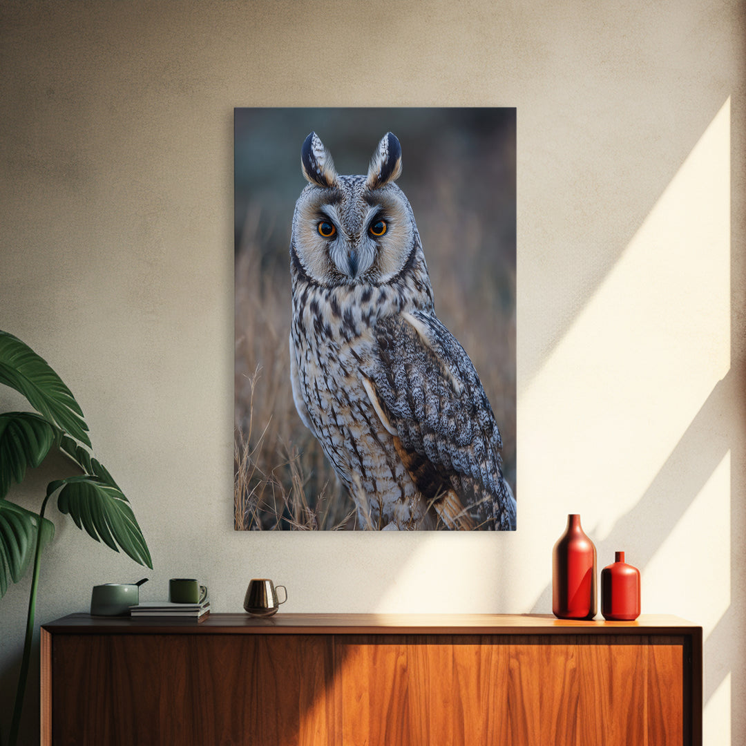 Owl Portrait with Wise Golden Eyes Framed Canvas Print, Bird Art, Digital Prints, Living Room Decor, Fine Art, Flight, BIR-2x3-37