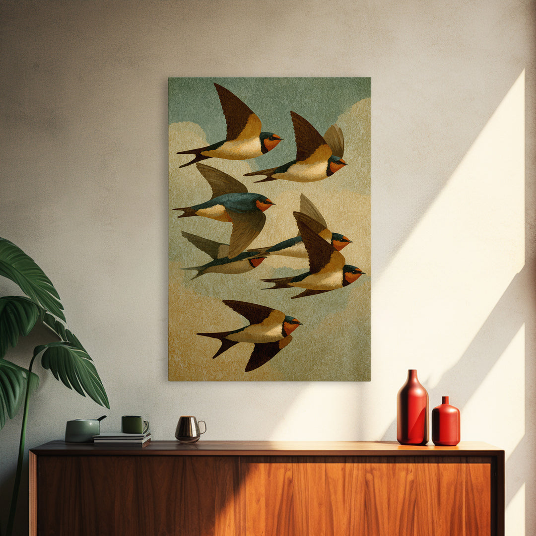 Flock of Swallows Sweeping Across Open Sky Framed Canvas Print, Bird Art, Wall Art, Living Room Decor, Fine Art, Flight, BIR-2x3-38
