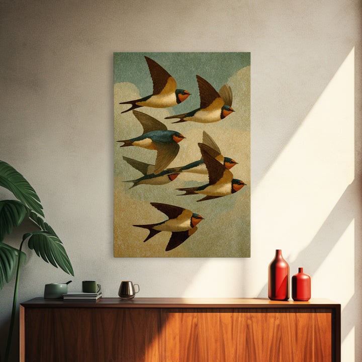 Flock of Swallows Sweeping Across Open Sky Framed Canvas Print, Bird Art, Wall Art, Living Room Decor, Fine Art, Flight, BIR-2x3-38