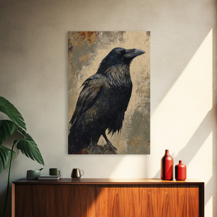 Raven Silhouette with Gothic Atmosphere Framed Canvas Print, Bird Art, Living Room Decor, Abstract Art, Flight, BIR-2x3-41