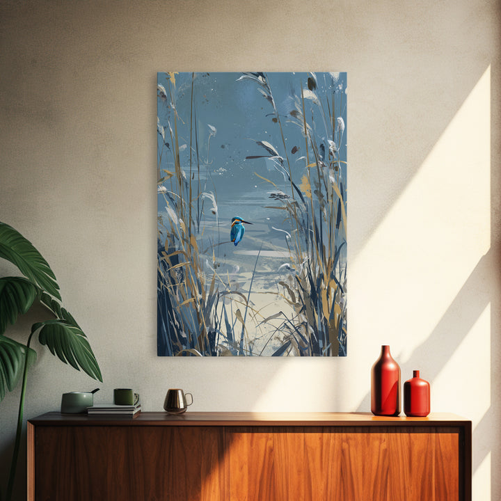 Kingfisher Diving Toward Blue Water Framed Canvas Print, Bird Art, Contemporary Art, Living Room Decor, Fine Art, Flight, BIR-2x3-43