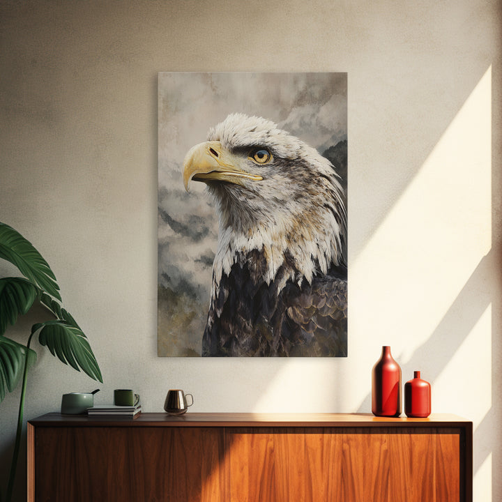 Eagle Portrait with Dramatic Mountain Wind Framed Canvas Print, Bird Art, Floral Art, Living Room Decor, Fine Art, Flight, BIR-2x3-44