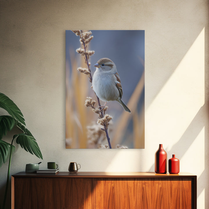 Small Sparrow on Wildflower Stem Framed Canvas Print, Bird Art, Textured Painting, Living Room Decor, Fine Art, Flight, BIR-2x3-46