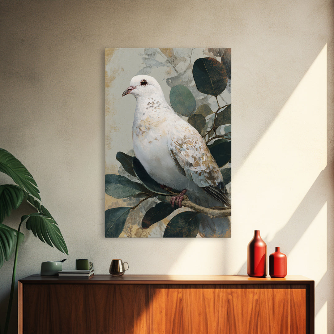 White Dove with Olive Branch and Calm Framed Canvas Print, Bird Art, Boho Decor, Living Room Decor, Fine Art, Flight, BIR-2x3-48