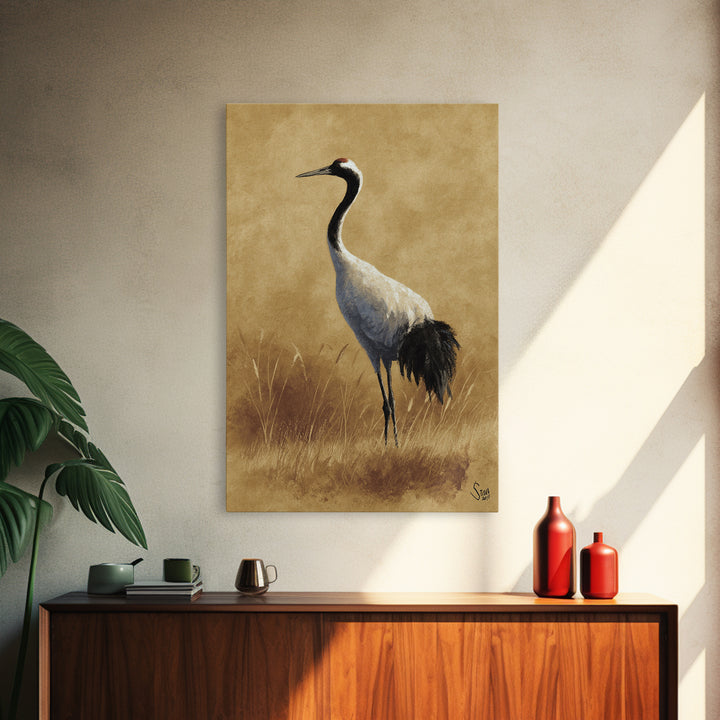 Crane and Lotus Composition Canvas Print, Bird Art, Art Deco, Living Room Decor, Fine Art, Flight, Gallery Wall, Mcm Decor, BIR-2x3-49