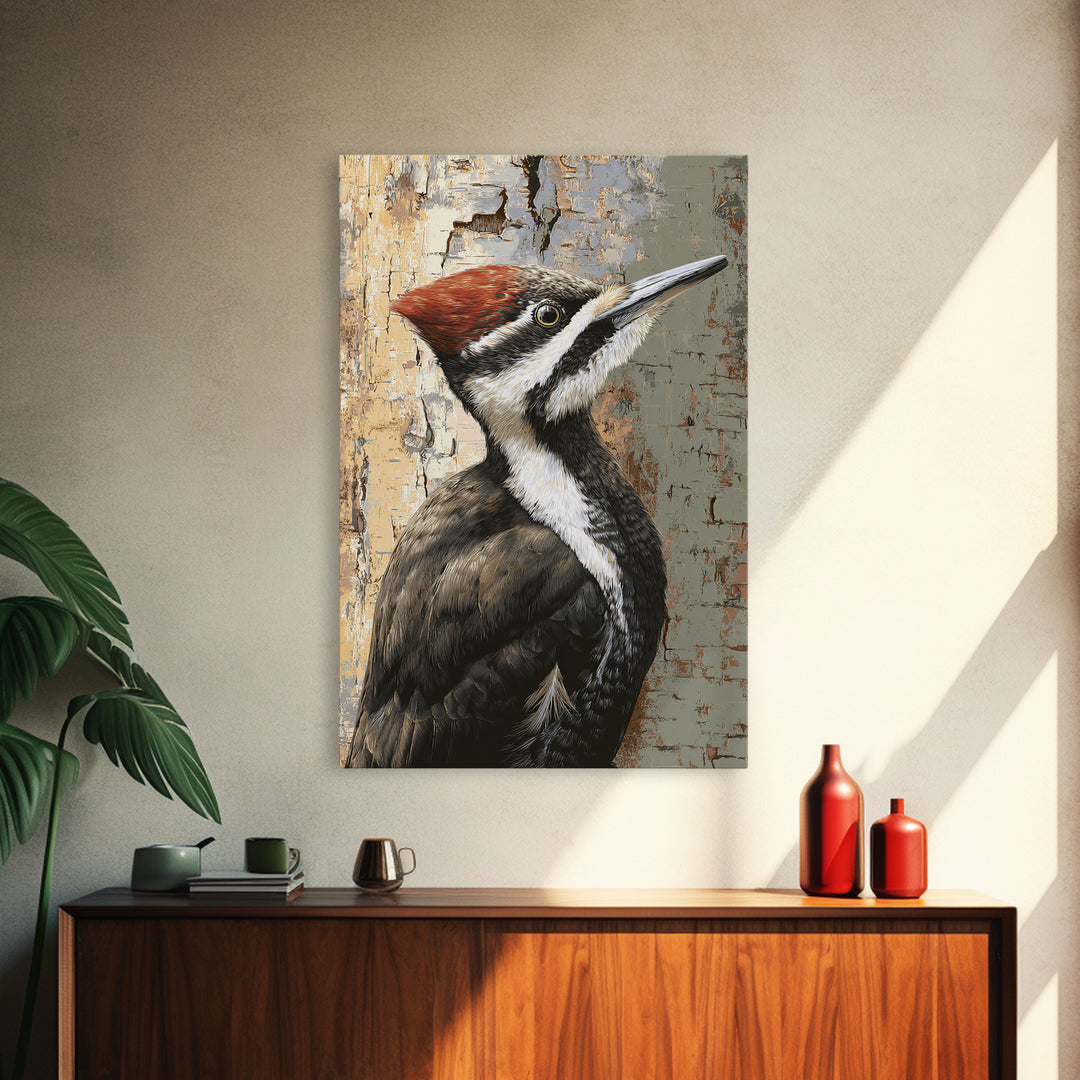 Woodpecker on Birch Bark Texture Framed Canvas Print, Bird Art, Original Art, Living Room Decor, Oil Painting, Flight, BIR-2x3-53
