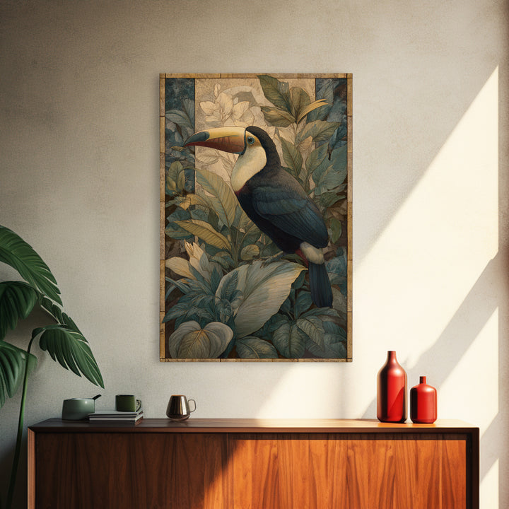 Toucan Framed by Bold Jungle Foliage Framed Canvas Print, Bird Art, Textured Painting, Living Room Decor, Fine Art, Flight, BIR-2x3-55