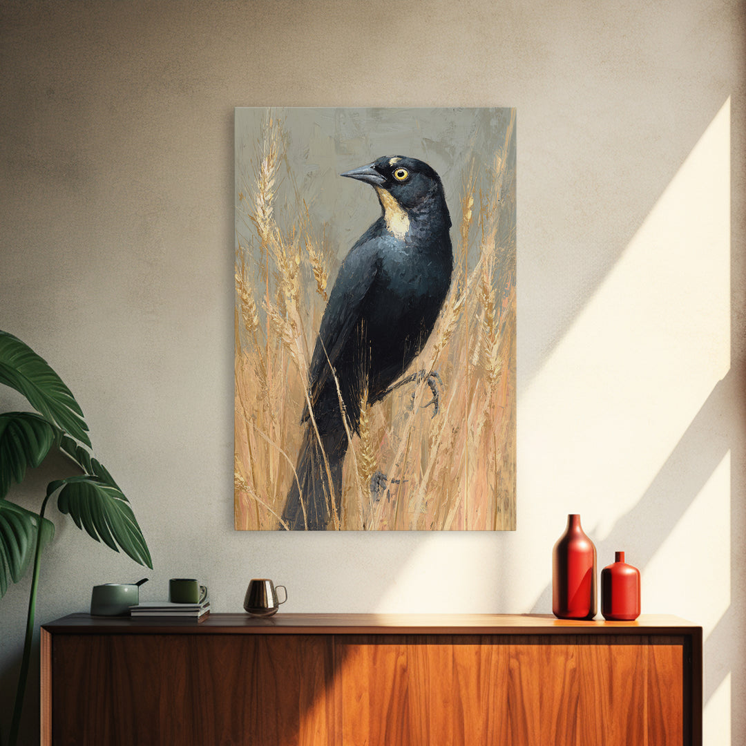 Blackbird on Gold Wheat Field Framed Canvas Print, Bird Art, Neutral Decor, Living Room Decor, Abstract Art, Flight, Wall Art, BIR-2x3-56