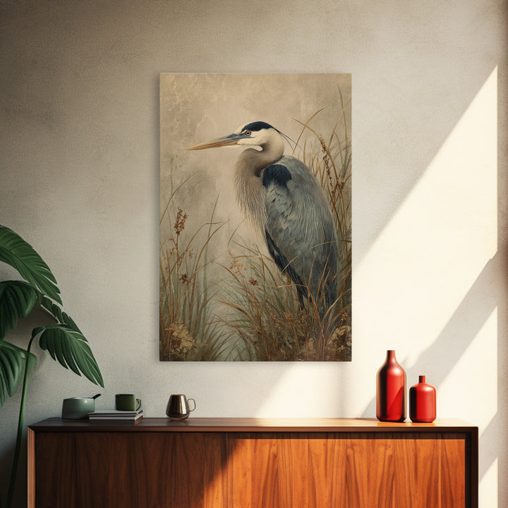 Blue Heron in Misty Marsh Grass Canvas Print, Bird Art, Mid Century Modern, Living Room Decor, Flight, Botanical Wall Art, BIR-2x3-58