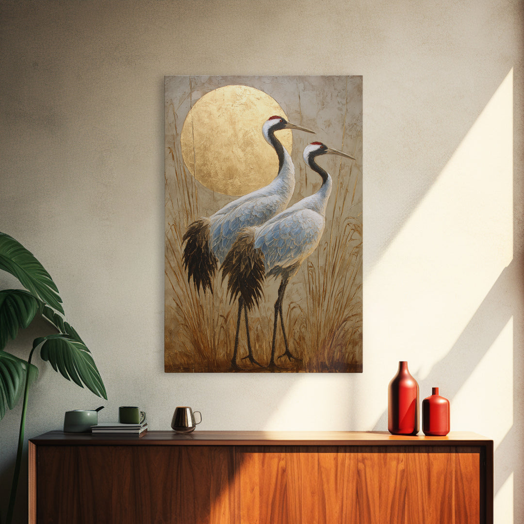 Pair of Cranes Dancing Framed Canvas Print, Bird Art, Digital Prints, Living Room Decor, Oil Painting, Flight, Modern Art, BIR-2x3-59