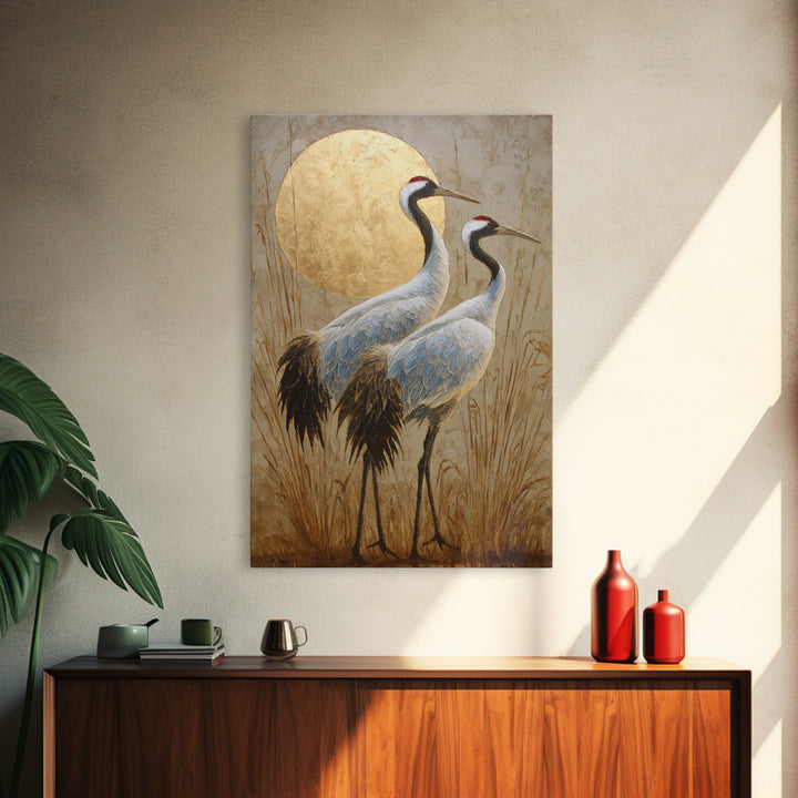 Pair of Cranes Dancing Framed Canvas Print, Bird Art, Digital Prints, Living Room Decor, Oil Painting, Flight, Modern Art, BIR-2x3-59