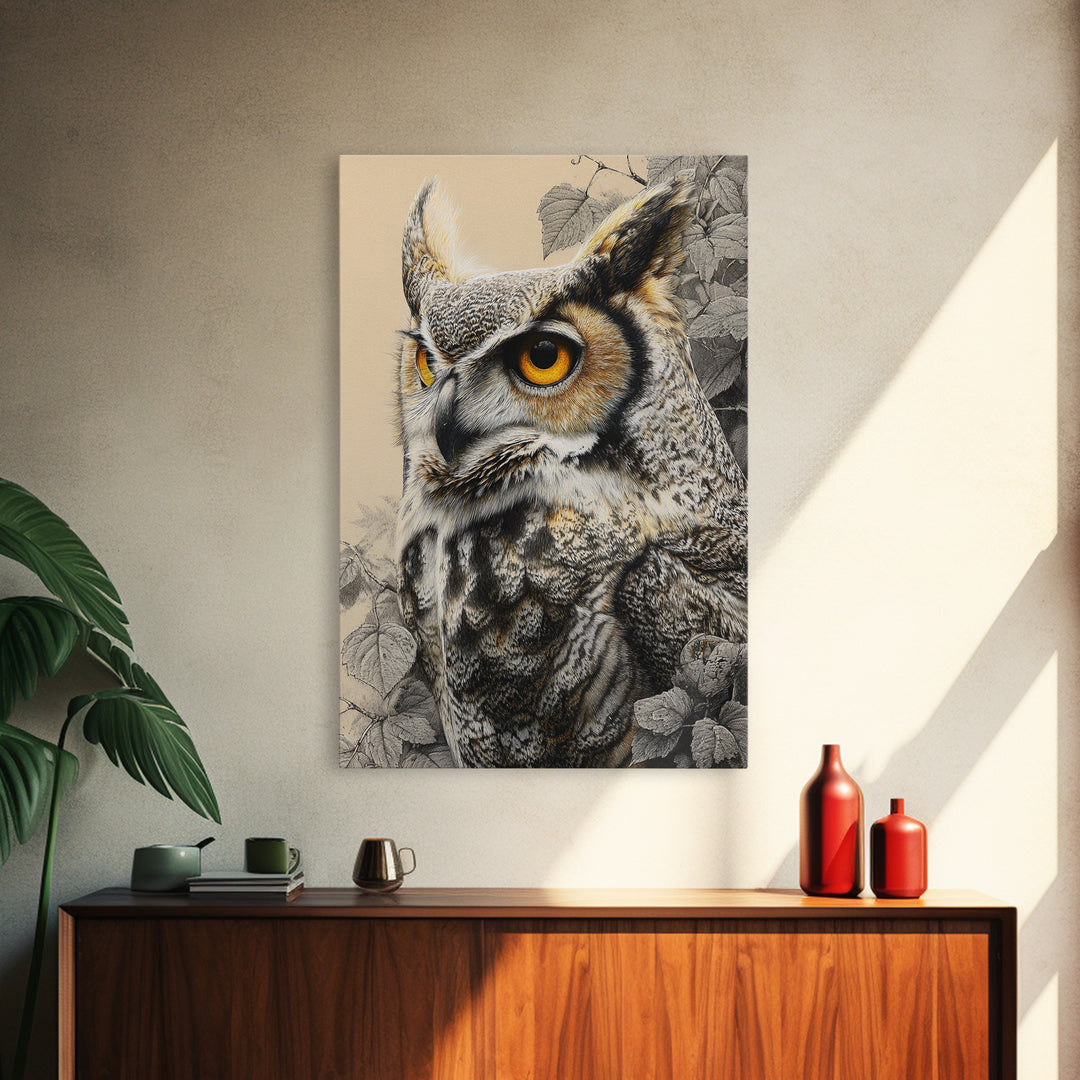 Owl Portrait with Wise Golden Eyes Canvas Print, Bird Art, Printable Art, Living Room Decor, Flight, Mid Century Wall Art, BIR-2x3-61