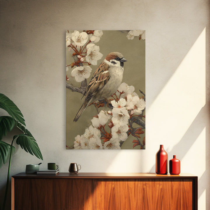 Songbird Perched on Cherry Blossoms Framed Canvas Print, Bird Art, Room Decor, Living Room Decor, Fine Art, Flight, BIR-2x3-64