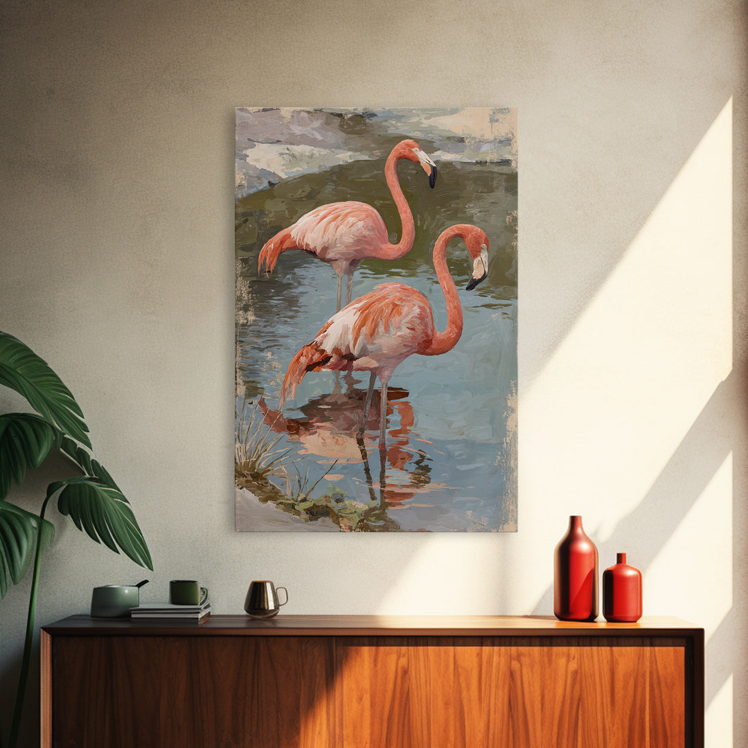 Flamingo Pair in Coral Water Reflections Canvas Print, Bird Art, Home Decor, Living Room Decor, Oil Painting, Flight, BIR-2x3-66