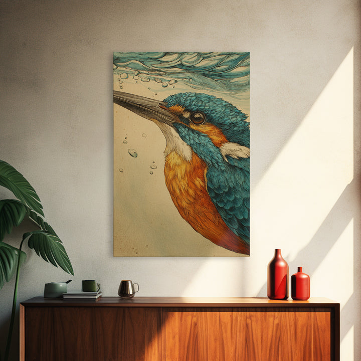 Kingfisher Diving Toward Blue Water Canvas Print, Bird Art, Mid Century Modern, Living Room Decor, Flight, Botanical Wall Art, BIR-2x3-67