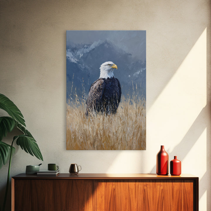 Eagle Portrait with Dramatic Mountain Wind Framed Canvas Print, Bird Art, Digital Print, Living Room Decor, Fine Art, Flight, BIR-2x3-68