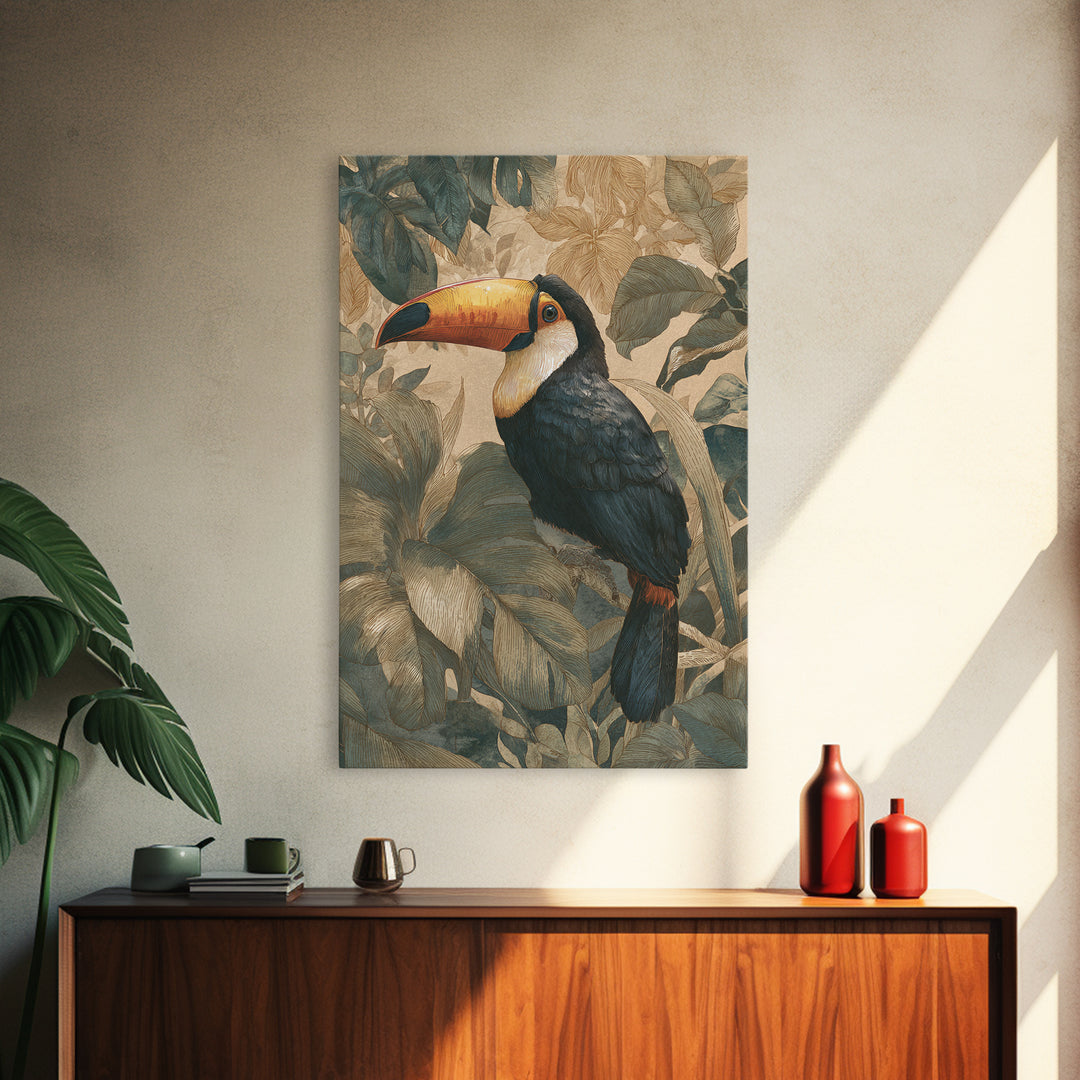Toucan Framed by Bold Jungle Foliage Canvas Print, Bird Art, Nature Prints, Living Room Decor, Fine Art, Flight, Boho Decor, BIR-2x3-7