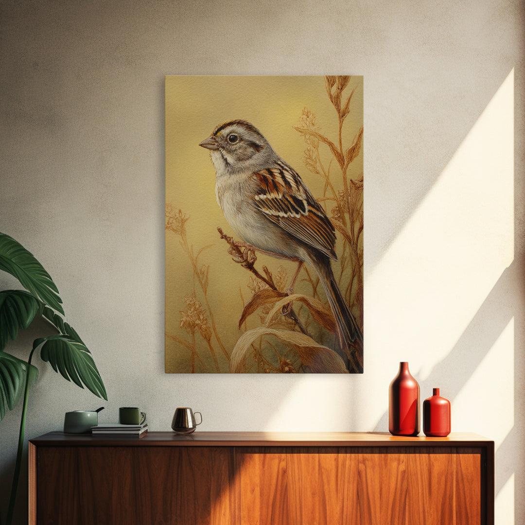 Small Sparrow on Wildflower Stem Canvas Print, Bird Art, Wall Decor, Living Room Decor, Oil Painting, Flight, Boho Wall Decor, BIR-2x3-70