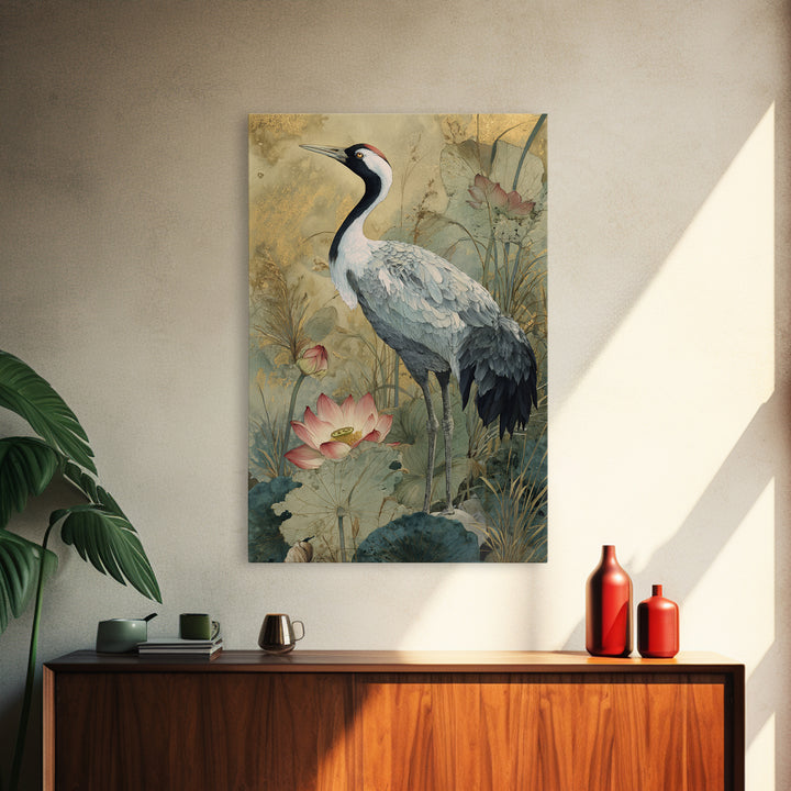 Crane and Lotus Composition Framed Canvas Print, Bird Art, Watercolor Painting, Living Room Decor, Flight, Living Room Art, BIR-2x3-73