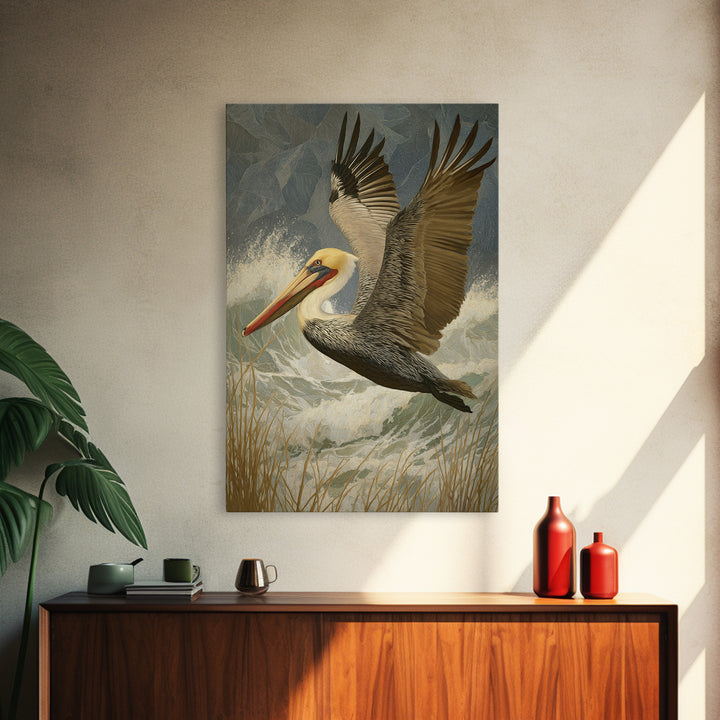Pelican Flying over Coastal Waves Framed Canvas Print, Bird Art, Digital Prints, Living Room Decor, Watercolor Art, Flight, BIR-2x3-74