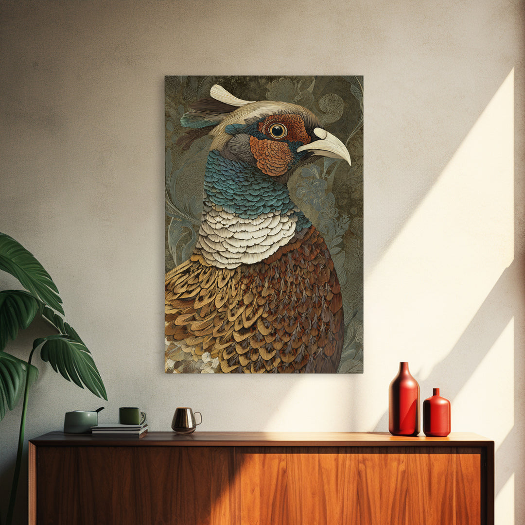 Pheasant with Ornate Feather Details Framed Canvas Print, Bird Art, Original Art, Living Room Decor, Fine Art, Flight, BIR-2x3-75