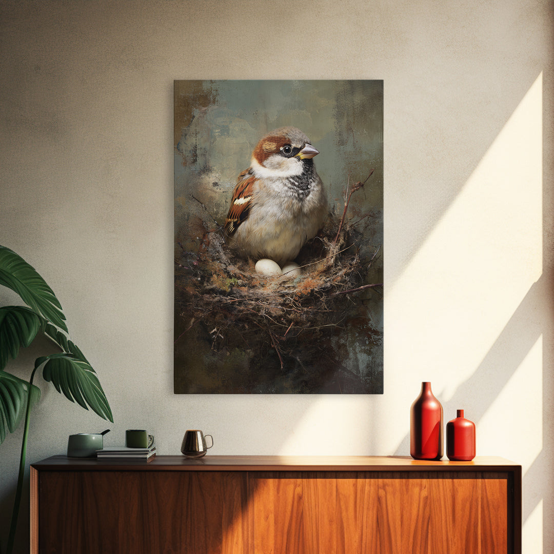 Bird Nest with Eggs and Delicate Twigs Framed Canvas Print, Bird Art, Printable Wall Art, Living Room Decor, Fine Art, Flight, BIR-2x3-78
