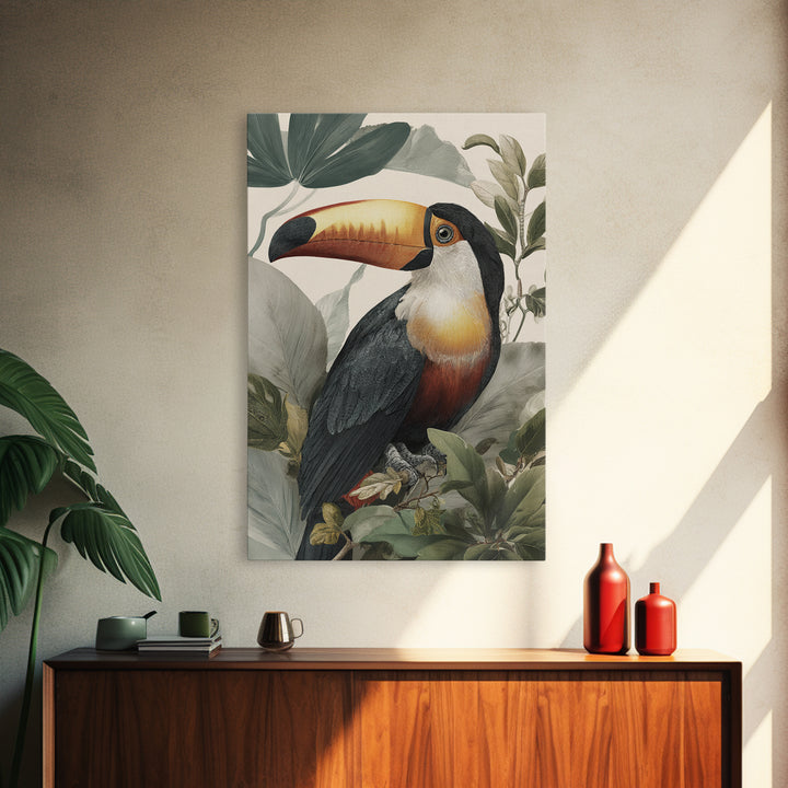 Toucan Framed by Bold Jungle Foliage Canvas Print, Bird Art, Wall Decor, Living Room Decor, Fine Art, Flight, Boho Wall Decor, BIR-2x3-79