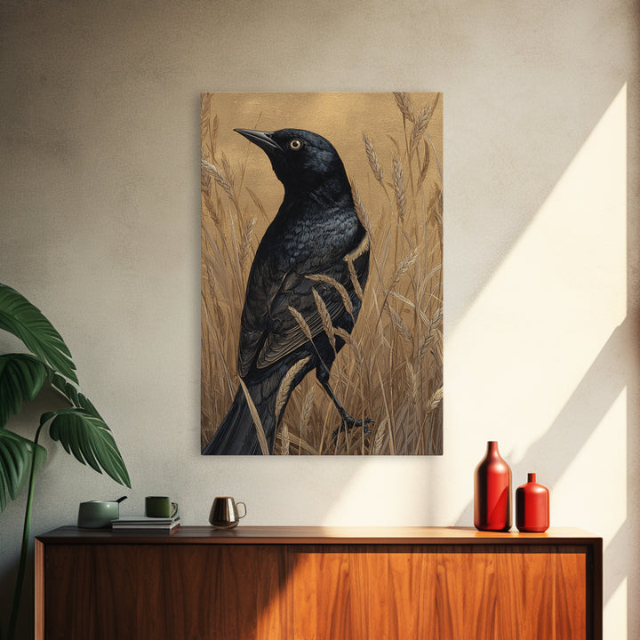 Blackbird on Gold Wheat Field Framed Canvas Print, Bird Art, Bird Prints, Living Room Decor, Oil Painting, Flight, Modern Decor, BIR-2x3-8