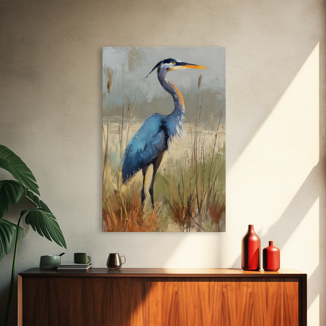 Blue Heron in Misty Marsh Grass Canvas Print, Bird Art, Mid Century Modern, Living Room Decor, Flight, Botanical Wall Art, BIR-2x3-82