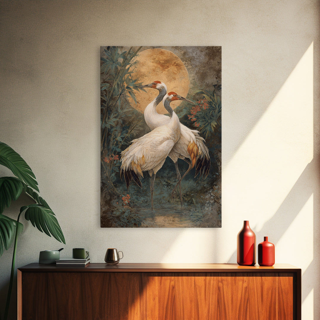 Pair of Cranes Dancing Framed Canvas Print, Bird Art, Boho Wall Decor, Living Room Decor, Abstract Art, Flight, Nature Wall Art, BIR-2x3-83
