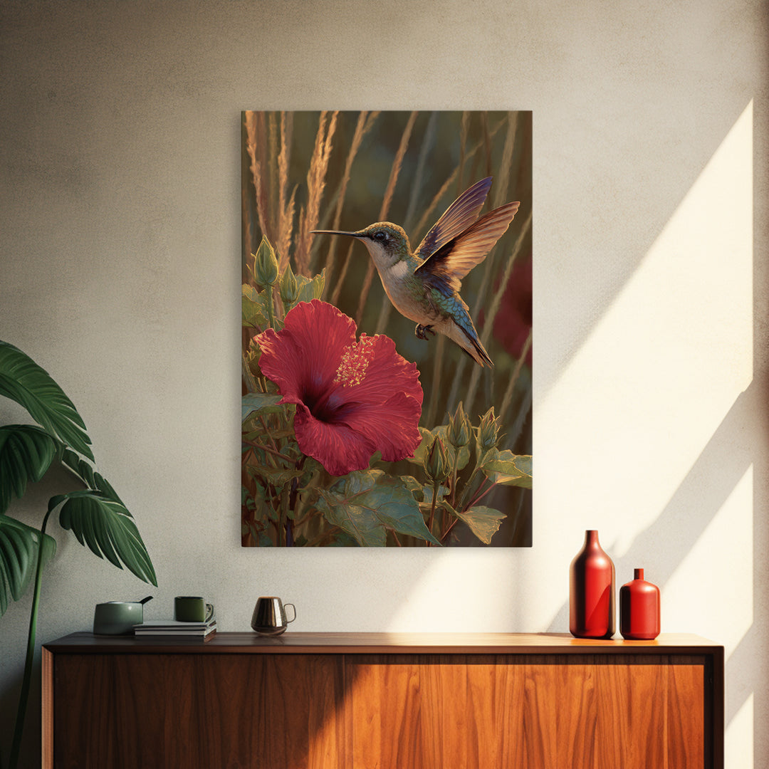 Hummingbird Hovering Beside Bright Hibiscus Framed Canvas Print, Bird Art, Nature Prints, Living Room Decor, Fine Art, Flight, BIR-2x3-84