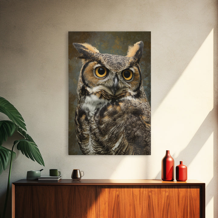 Owl Portrait with Wise Golden Eyes Framed Canvas Print, Bird Art, Boho Wall Decor, Living Room Decor, Fine Art, Flight, BIR-2x3-85