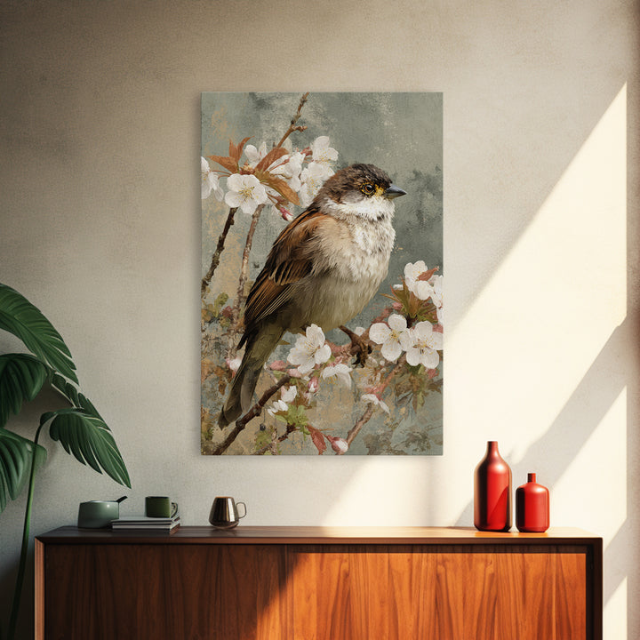 Songbird Perched on Cherry Blossoms Framed Canvas Print, Bird Art, Original Art, Living Room Decor, Fine Art, Flight, BIR-2x3-88