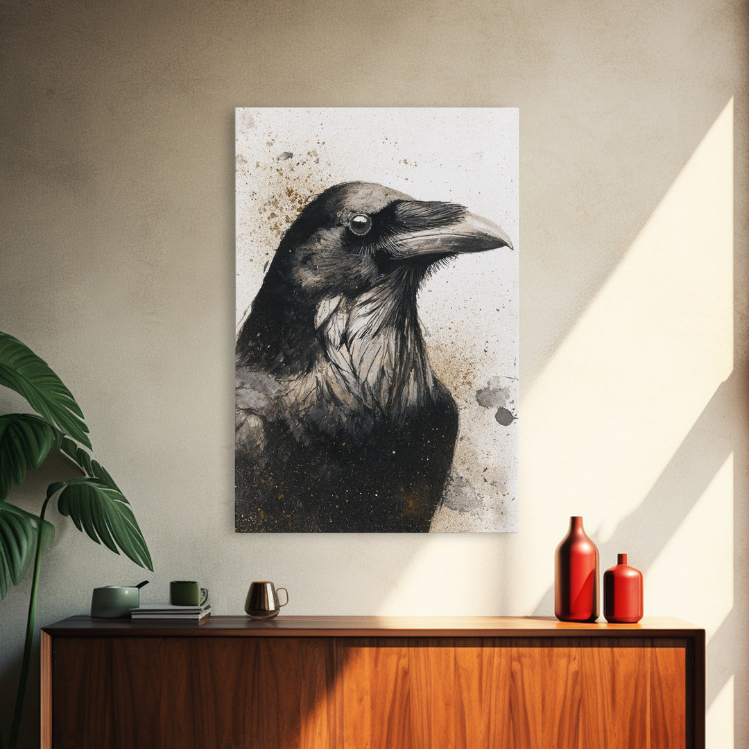 Raven Silhouette with Gothic Atmosphere Framed Canvas Print, Bird Art, Living Room Decor, Watercolor Art, Flight, BIR-2x3-89