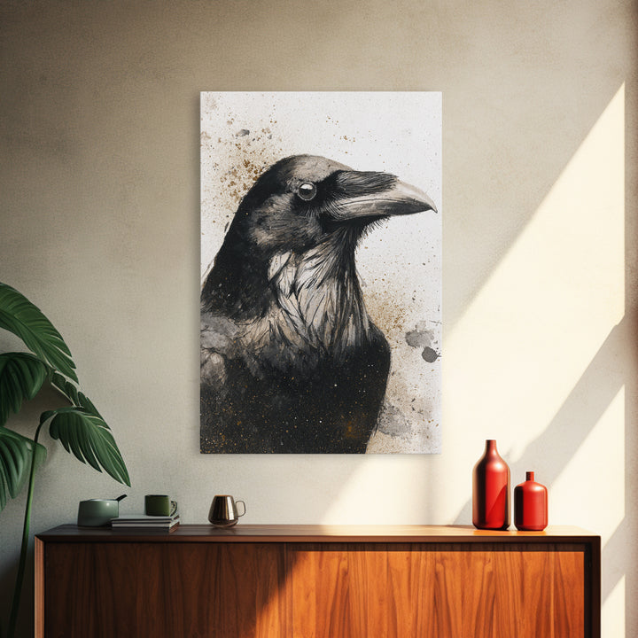 Raven Silhouette with Gothic Atmosphere Framed Canvas Print, Bird Art, Living Room Decor, Watercolor Art, Flight, BIR-2x3-89