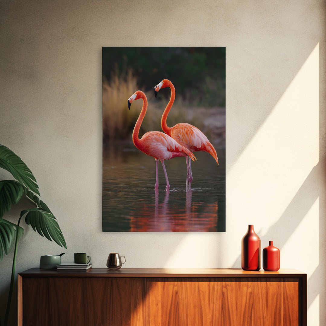 Flamingo Pair in Coral Water Reflections Framed Canvas Print, Bird Art, Original Art, Living Room Decor, Fine Art, Flight, BIR-2x3-90