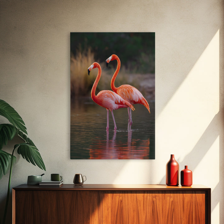 Flamingo Pair in Coral Water Reflections Framed Canvas Print, Bird Art, Original Art, Living Room Decor, Fine Art, Flight, BIR-2x3-90