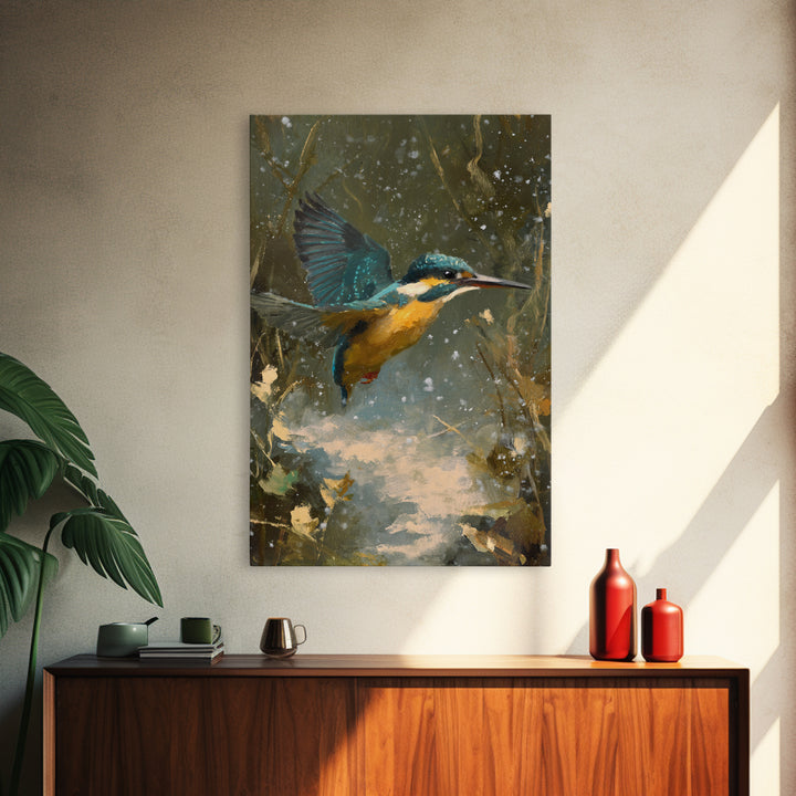 Kingfisher Diving Toward Blue Water Canvas Print, Bird Art, Modern Art, Living Room Decor, Fine Art, Flight, Floral Art, BIR-2x3-91