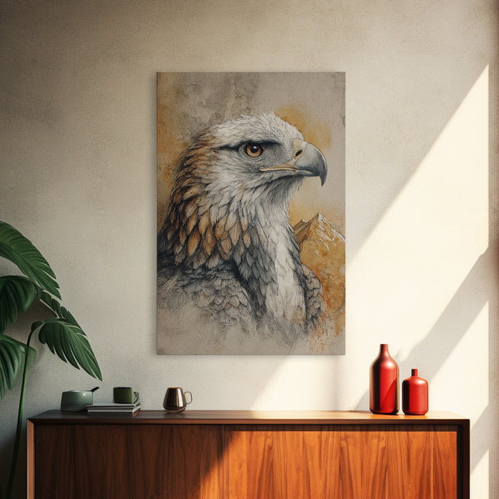 Eagle Portrait with Dramatic Mountain Wind Framed Canvas Print, Bird Art, Gallery Decor, Living Room Decor, Fine Art, Flight, BIR-2x3-92