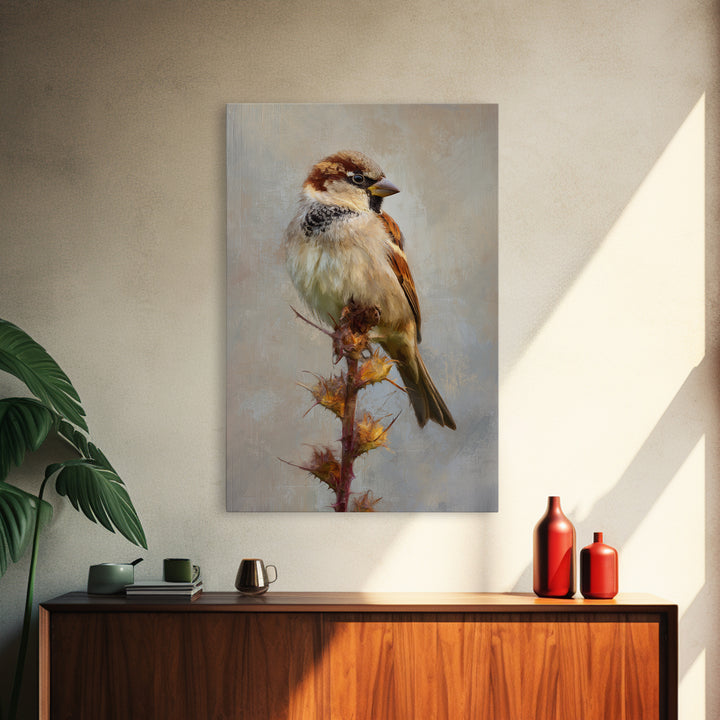 Small Sparrow on Wildflower Stem Framed Canvas Print, Bird Art, Digital Print, Living Room Decor, Watercolor Art, Flight, BIR-2x3-94