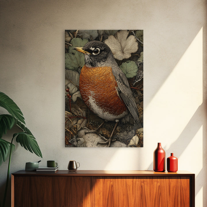 Robin in a Spring Garden with Soft Canvas Print, Bird Art, Botanical Wall Art, Living Room Decor, Watercolor Art, Flight, BIR-2x3-95