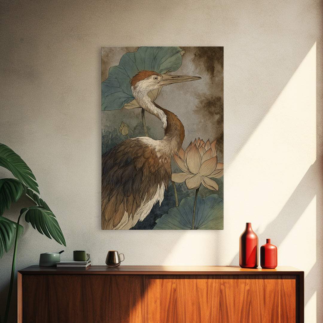 Crane and Lotus Composition Framed Canvas Print, Bird Art, Watercolor Painting, Living Room Decor, Flight, Living Room Art, BIR-2x3-97
