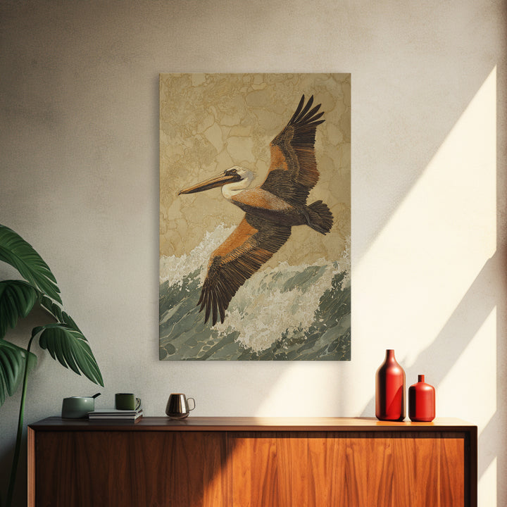Pelican Flying over Coastal Waves Framed Canvas Print, Bird Art, Digital Prints, Living Room Decor, Watercolor Art, Flight, BIR-2x3-98