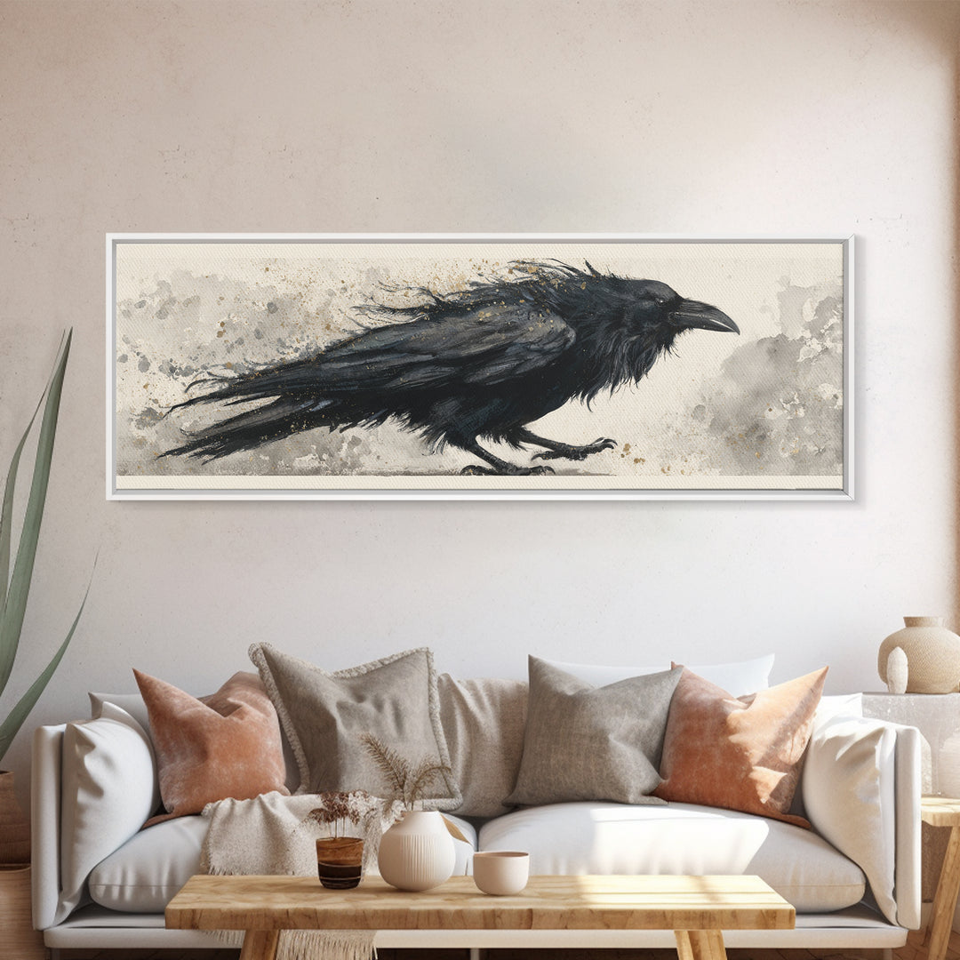 Raven Silhouette with Gothic Atmosphere Framed Canvas Print, Bird Art, Modern Wall Art, Living Room Decor, Fine Art, Flight, BIR-3x1-1