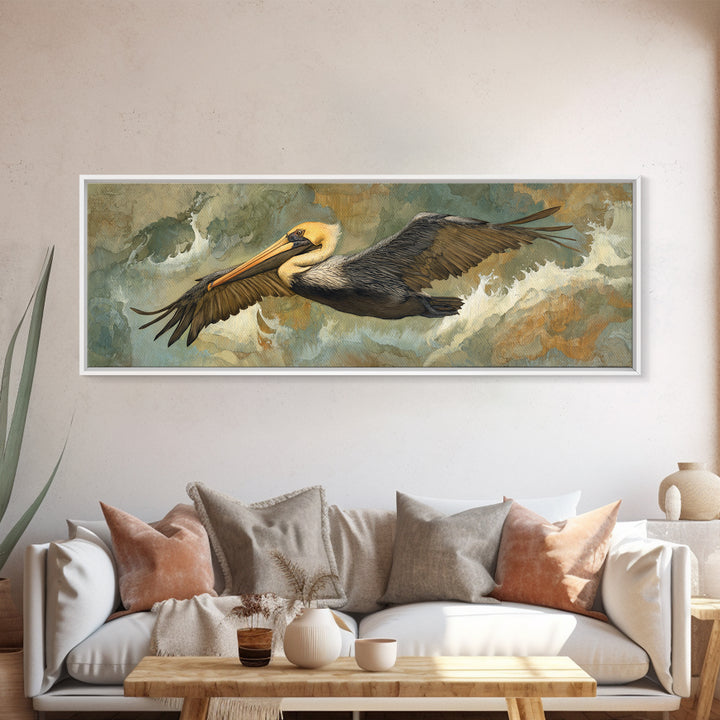 Pelican Flying over Coastal Waves Framed Canvas Print, Bird Art, Home Decor, Living Room Decor, Flight, Modern Wall Art, BIR-3x1-10