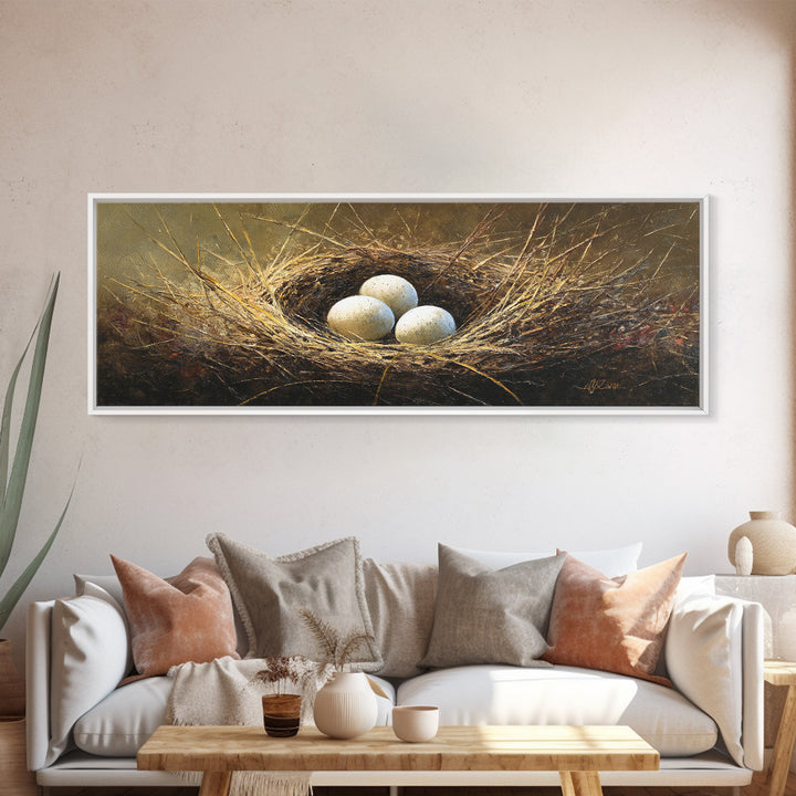Bird Nest with Eggs and Delicate Twigs Canvas Print, Bird Art, Floral Art, Living Room Decor, Fine Art, Flight, BIR-3x1-14