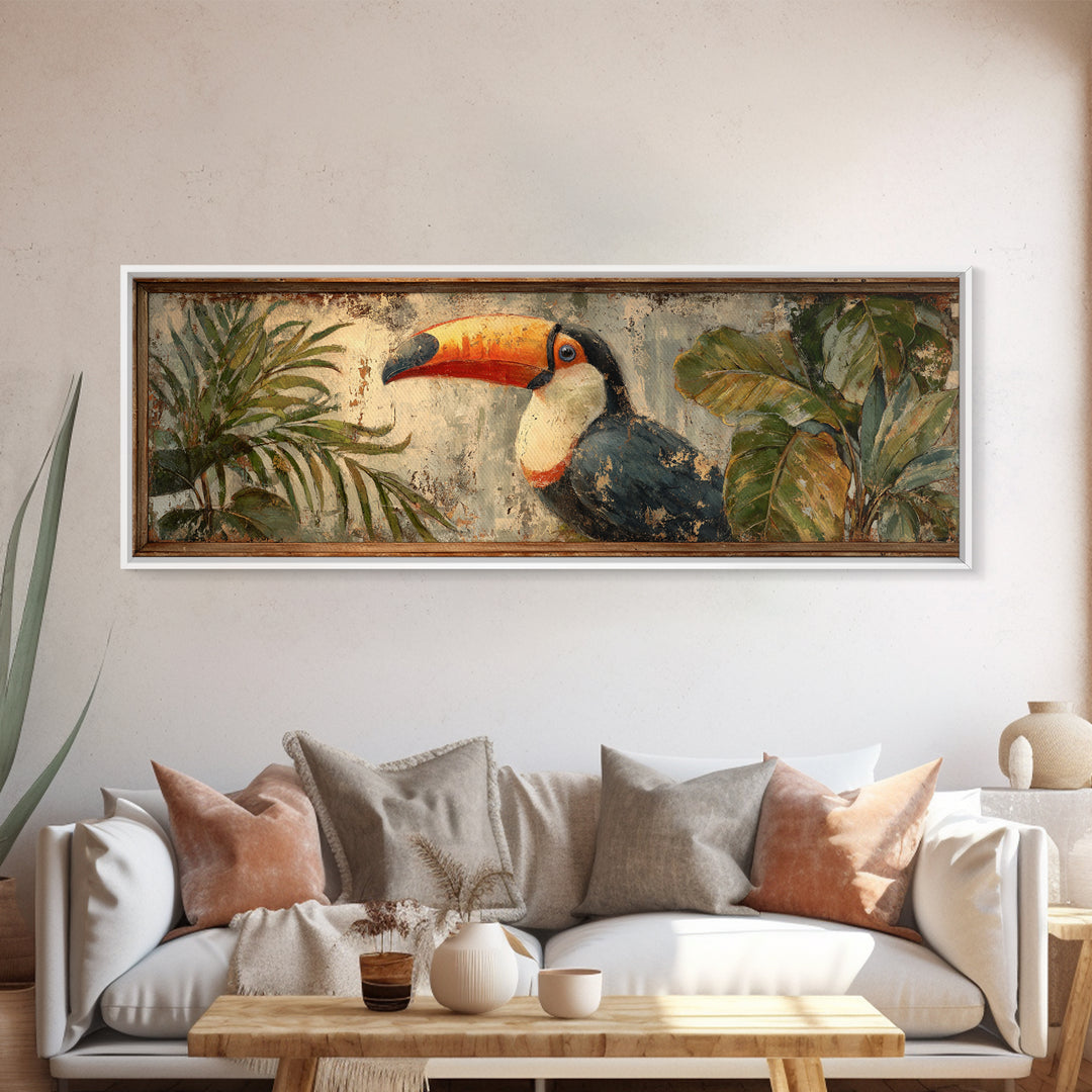 Toucan Framed by Bold Jungle Foliage Framed Canvas Print, Bird Art, Rustic Home Decor, Living Room Decor, Fine Art, Flight, BIR-3x1-15