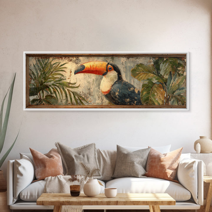 Toucan Framed by Bold Jungle Foliage Framed Canvas Print, Bird Art, Rustic Home Decor, Living Room Decor, Fine Art, Flight, BIR-3x1-15