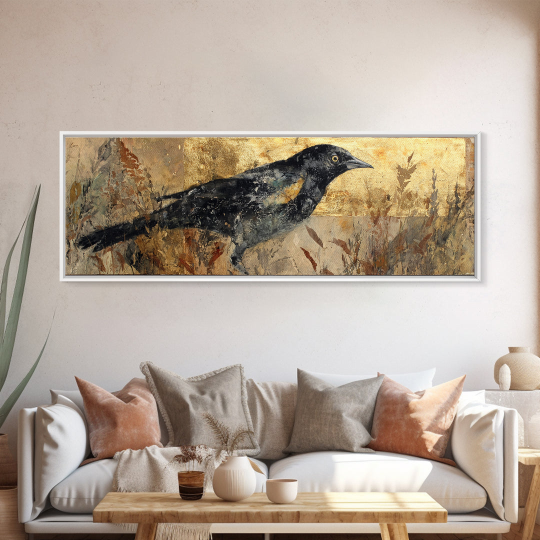 Blackbird on Gold Wheat Field Canvas Print, Bird Art, Mcm Decor, Living Room Decor, Flight, Neutral Decor, Modern Decor, BIR-3x1-16